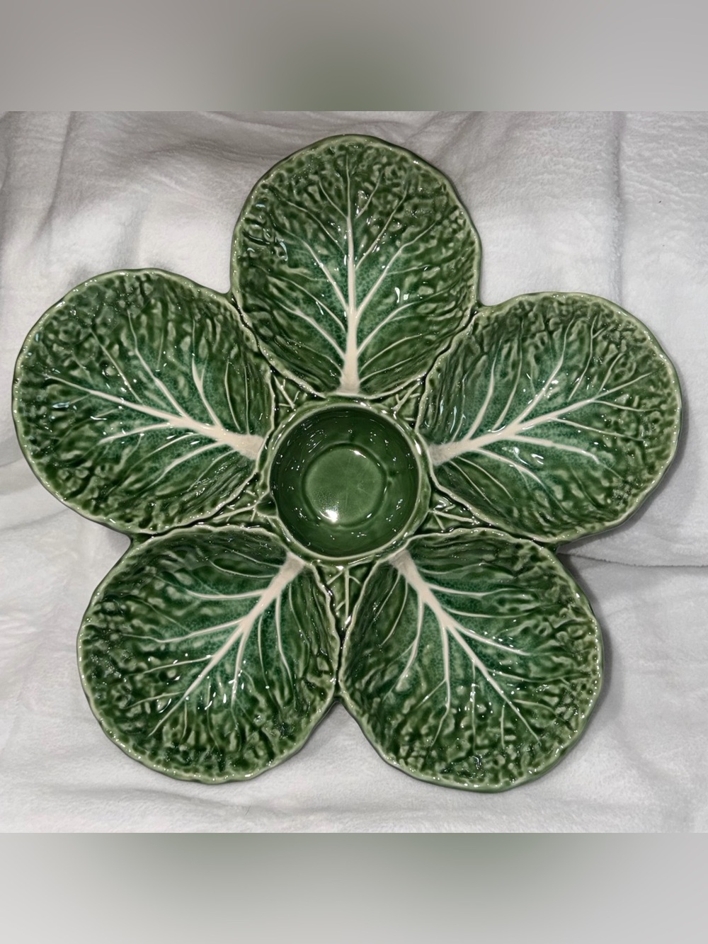 VTG OLFAIRE GREEN CABBAGE LEAF CHIP N DIP SERVING PLATE DISH MAJOLICA PORTUGAL
